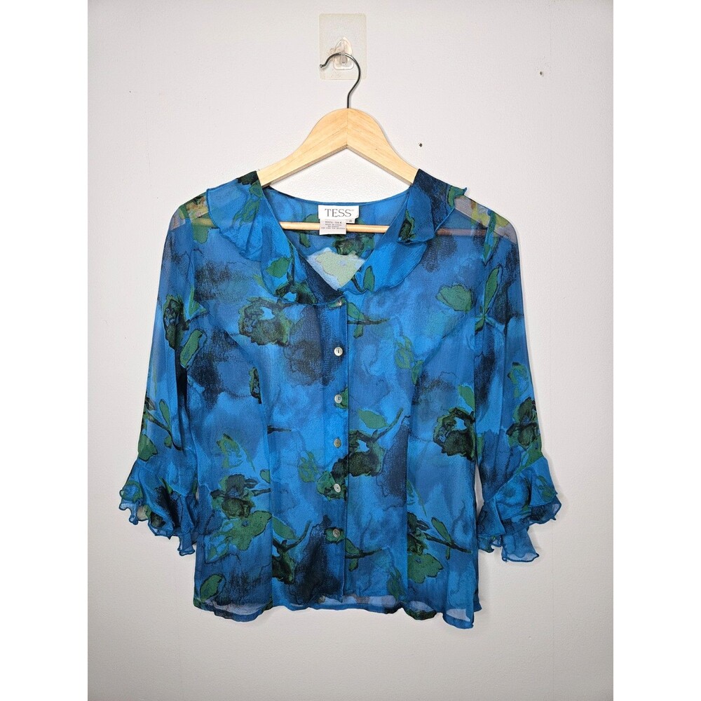 Vintage TESS Sheer Silk Ruffled Blouse 6 Floral Whimsigoth Fairy Coquette Blue